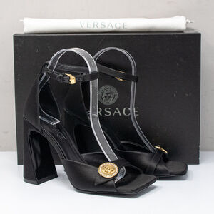 Versace Medusa Crystal Gold Medallion Black Satin Sandals, Size 37 EU (7 US)